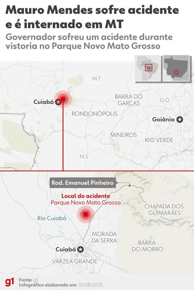 Localização do Parque Novo Mato Grosso, onde o governador Mauro Mendes sofreu o acidente — Foto: Arte g1