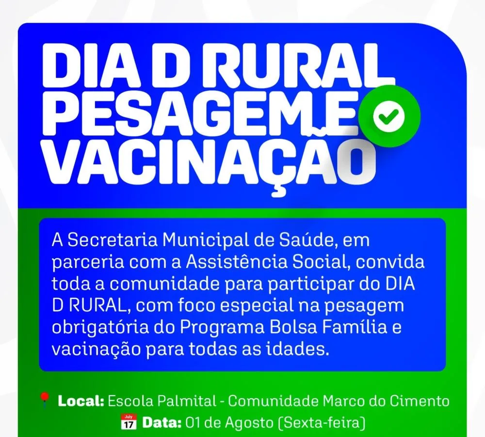 Comunidade Marco do Cimento receberá o Dia D Rural com atualização do Cadastro Único, vacinação, emissão de documentos e muito mais