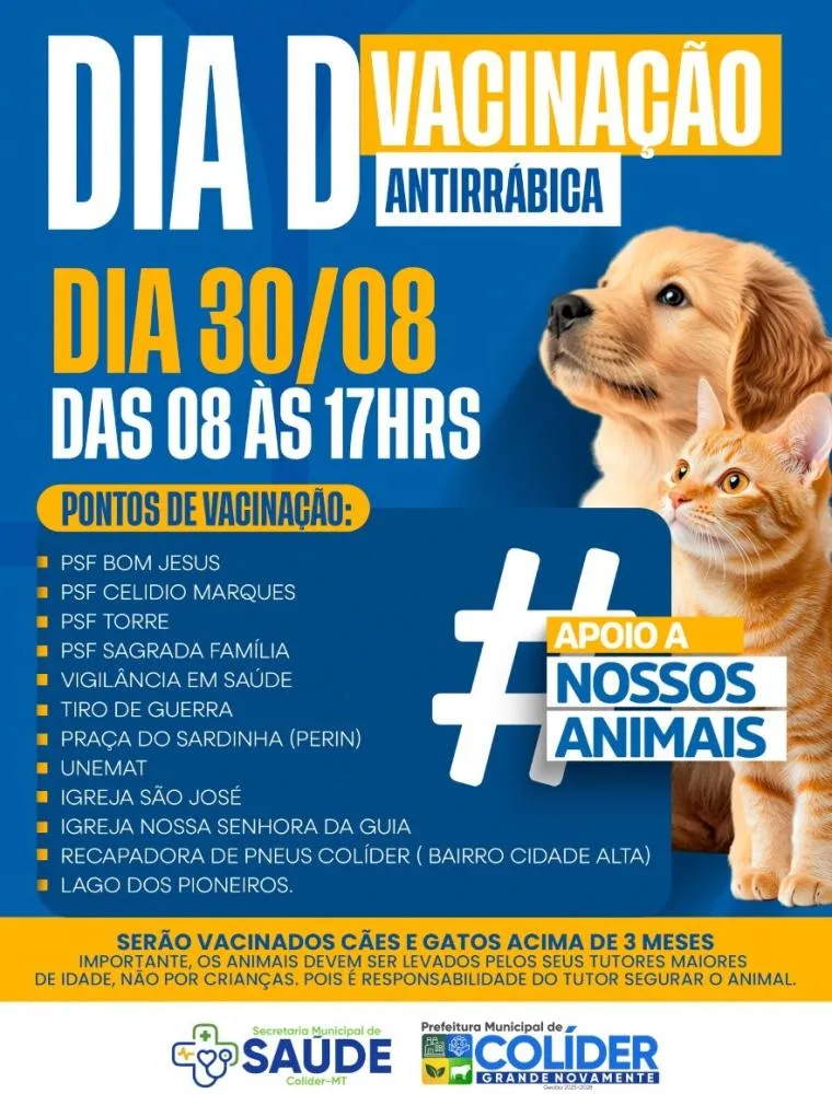 Colíder realiza Dia D de vacinação antirrábica no dia 30 de agosto